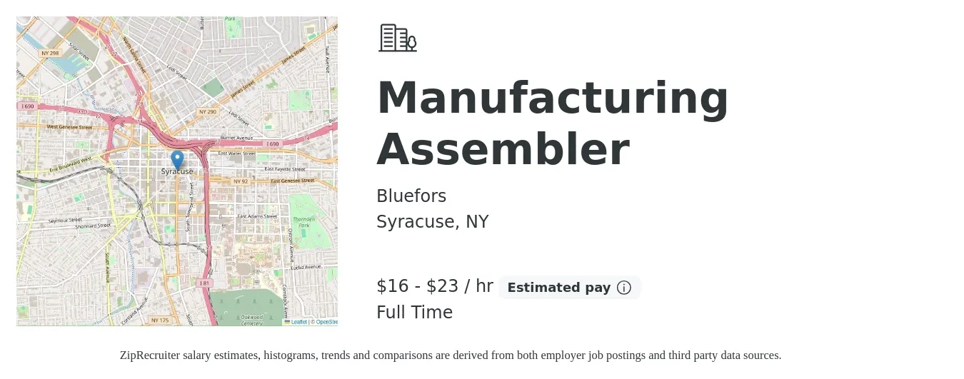 Bluefors job posting for a Manufacturing Assembler in Syracuse, NY with a salary of $17 to $24 Hourly with a map of Syracuse location.
