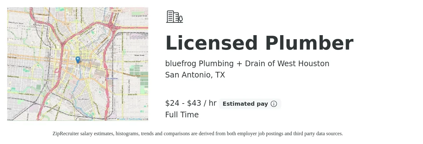 bluefrog Plumbing + Drain of West Houston job posting for a Licensed Plumber in San Antonio, TX with a salary of $25 to $45 Hourly with a map of San Antonio location.