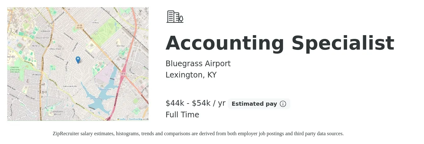 Bluegrass Airport job posting for a Accounting Specialist in Lexington, KY with a salary of $44,155 to $54,089 Yearly with a map of Lexington location.