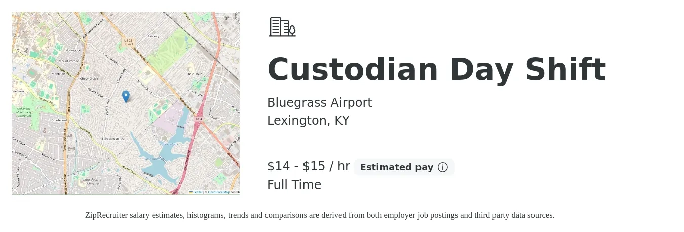 Bluegrass Airport job posting for a Custodian Day Shift in Lexington, KY with a salary of $15 to $16 Hourly with a map of Lexington location.