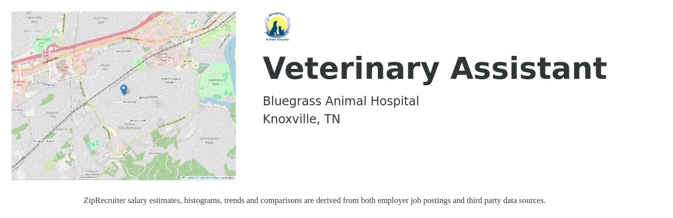 Bluegrass Animal Hospital job posting for a Veterinary Assistant in Knoxville, TN with a salary of $15 to $19 Hourly with a map of Knoxville location.