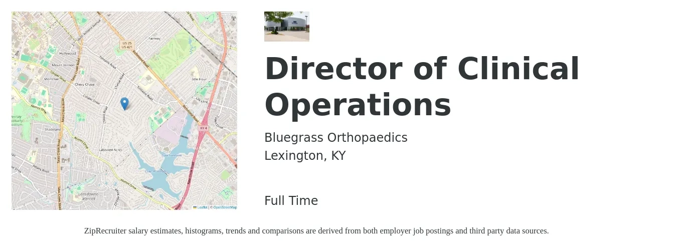 Bluegrass Orthopaedics job posting for a Director of Clinical Operations in Lexington, KY with a salary of $86,400 to $147,000 Yearly with a map of Lexington location.