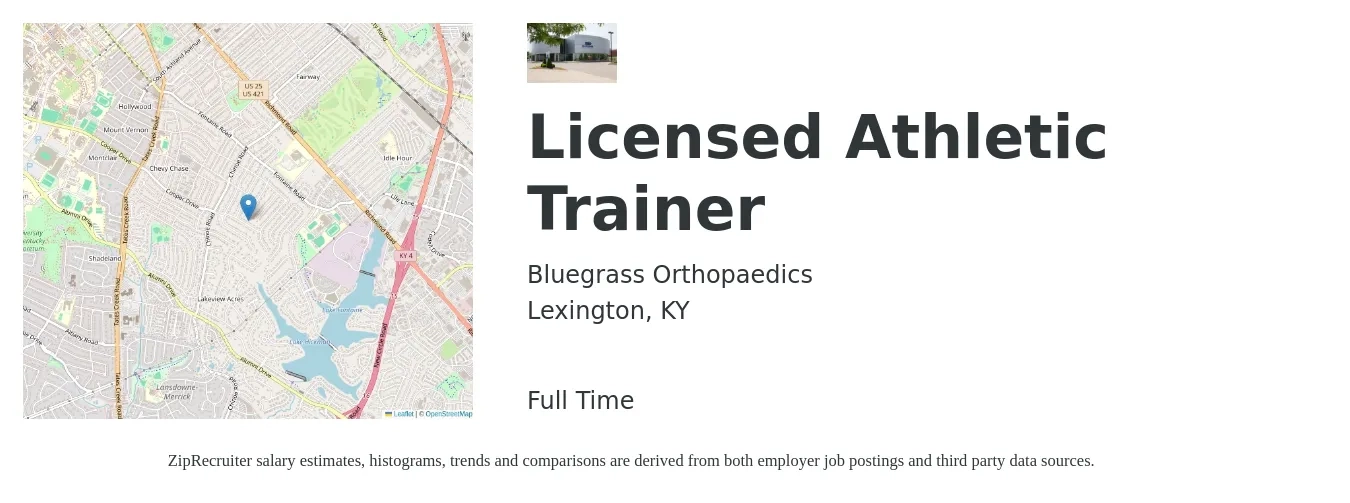 Bluegrass Orthopaedics job posting for a Licensed Athletic Trainer in Lexington, KY with a salary of $19 to $26 Hourly with a map of Lexington location.