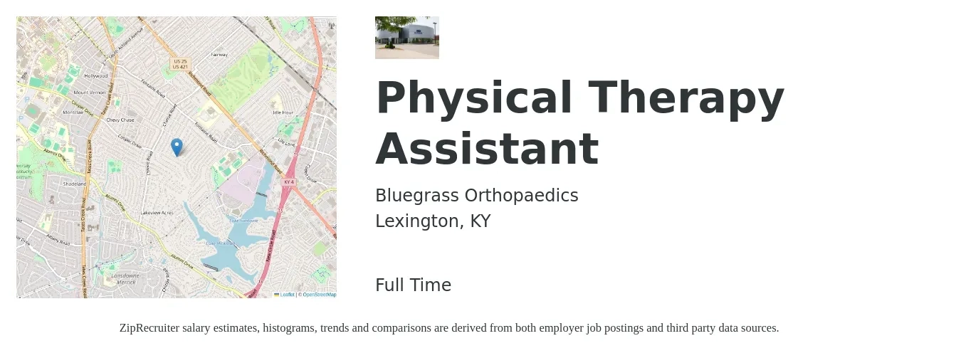 Bluegrass Orthopaedics job posting for a Physical Therapy Assistant in Lexington, KY with a salary of $24 to $31 Hourly with a map of Lexington location.