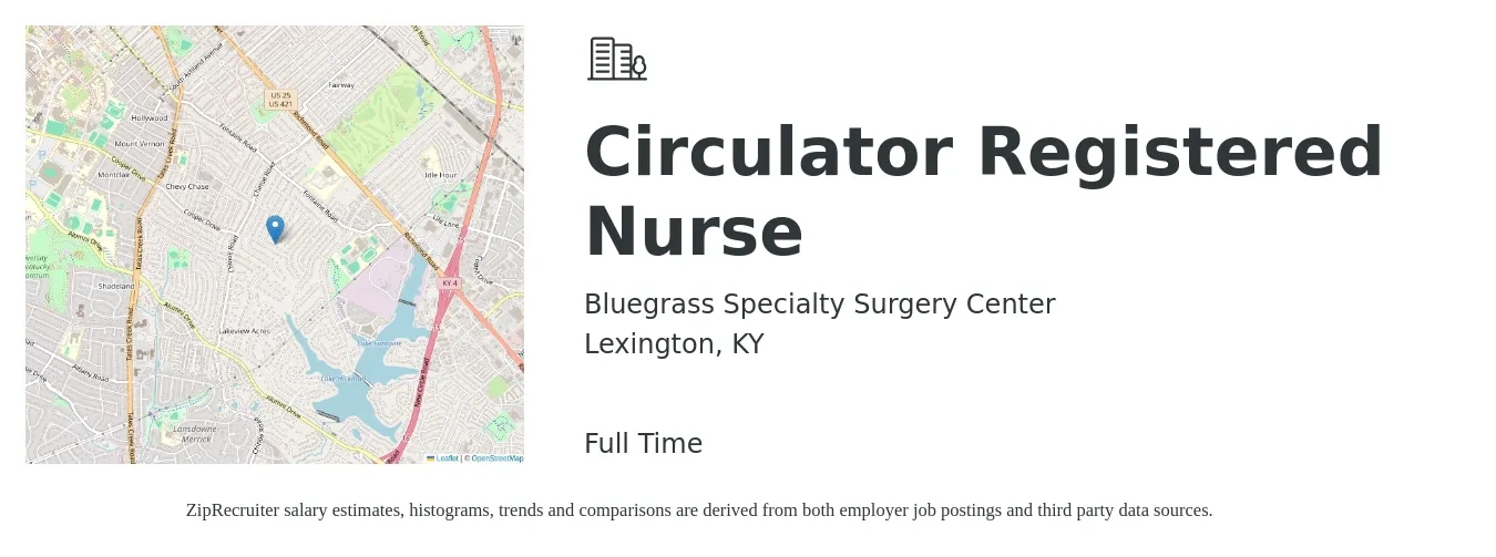Bluegrass Specialty Surgery Center job posting for a Circulator Registered Nurse in Lexington, KY with a salary of $1,710 to $2,660 Weekly with a map of Lexington location.