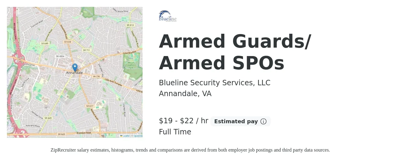 Blueline Security Services, LLC job posting for a Armed Guards/ Armed SPOs in Annandale, VA with a salary of $20 to $23 Hourly with a map of Annandale location.