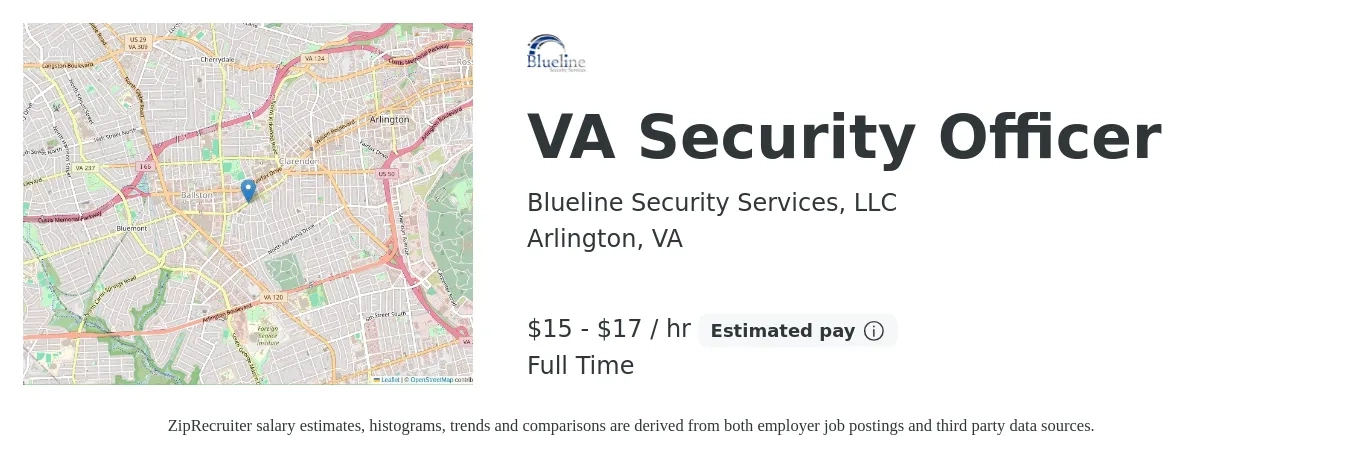 Blueline Security Services, LLC job posting for a VA Security Officer in Arlington, VA with a salary of $16 to $18 Hourly with a map of Arlington location.
