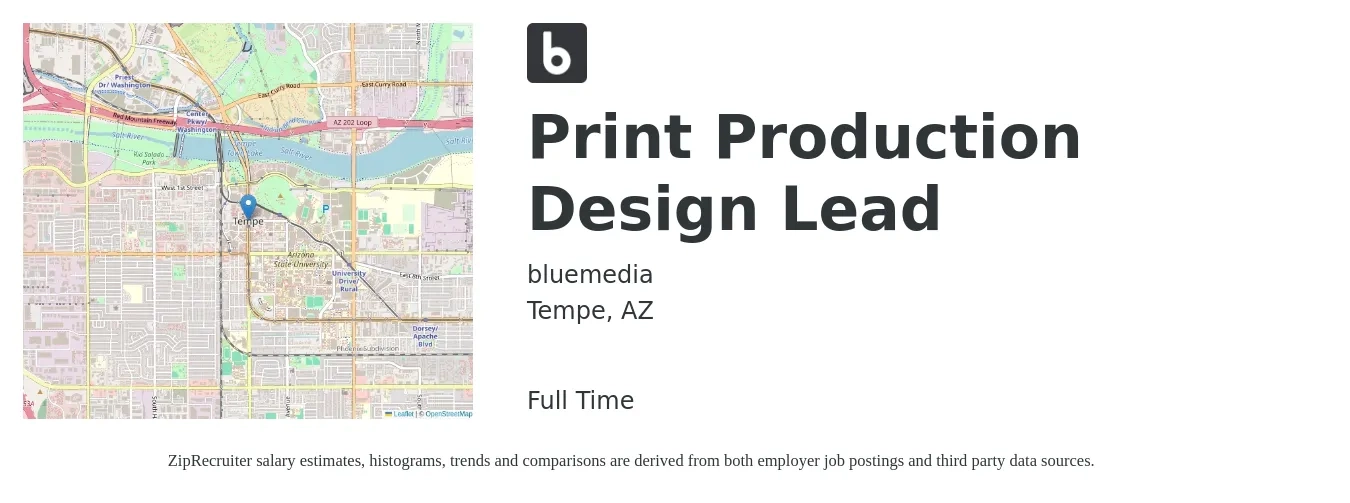 bluemedia job posting for a Print Production Design Lead in Tempe, AZ with a salary of $20 to $36 Hourly with a map of Tempe location.
