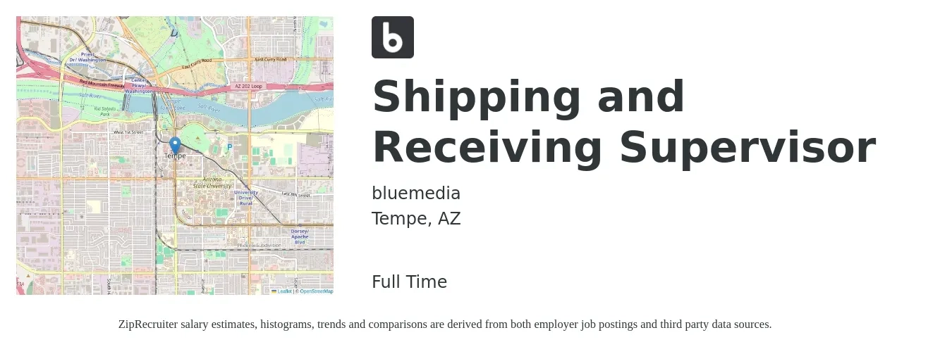 bluemedia job posting for a Shipping and Receiving Supervisor in Tempe, AZ with a salary of $22 to $31 Hourly with a map of Tempe location.
