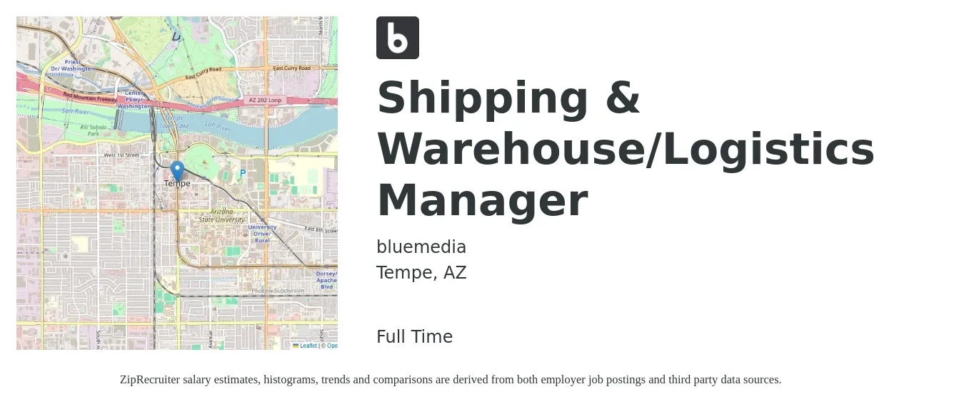 bluemedia job posting for a Shipping & Warehouse/Logistics Manager in Tempe, AZ with a salary of $48,900 to $76,800 Yearly with a map of Tempe location.