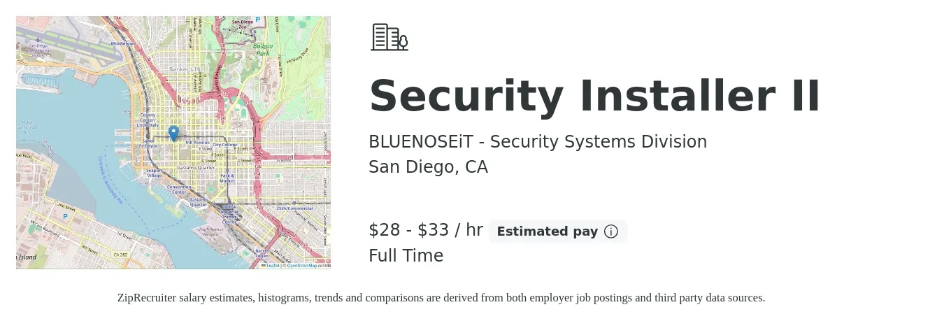 BLUENOSEiT - Security Systems Division job posting for a Security Installer II in San Diego, CA with a salary of $30 to $35 Hourly with a map of San Diego location.