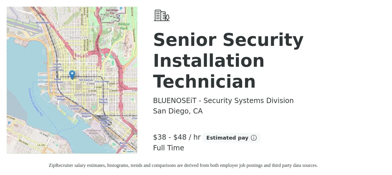 BLUENOSEiT - Security Systems Division job posting for a Senior Security Installation Technician in San Diego, CA with a salary of $40 to $50 Hourly with a map of San Diego location.