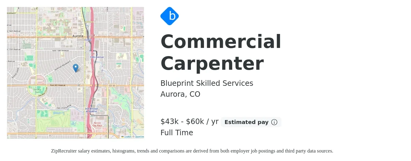 Blueprint Skilled Services job posting for a Commercial Carpenter in Aurora, CO with a salary of $43,680 to $60,320 Yearly with a map of Aurora location.