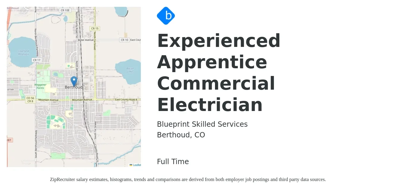 Blueprint Skilled Services job posting for a Experienced Apprentice Commercial Electrician in Berthoud, CO with a salary of $19 to $26 Hourly with a map of Berthoud location.