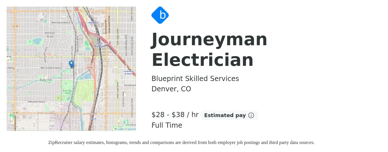 Blueprint Skilled Services job posting for a Journeyman Electrician in Denver, CO with a salary of $30 to $40 Hourly with a map of Denver location.