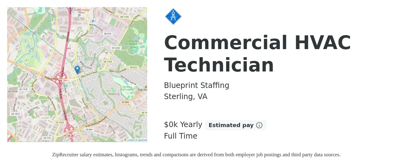 Blueprint Staffing job posting for a Commercial HVAC Technician in Sterling, VA with a salary of $30 to $38 Yearly with a map of Sterling location.