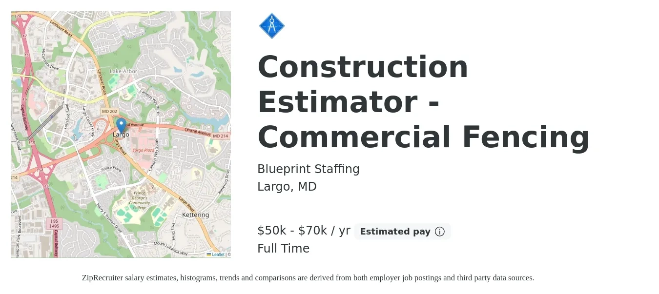 Blueprint Staffing job posting for a Construction Estimator - Commercial Fencing in Largo, MD with a salary of $50,000 to $70,000 Yearly with a map of Largo location.