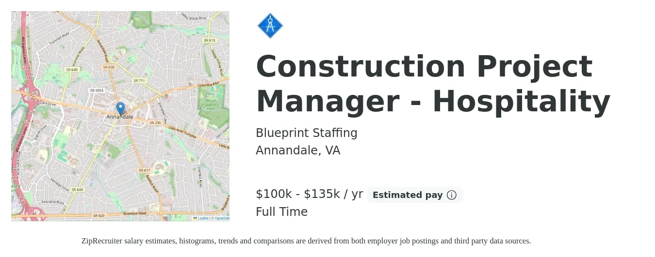 Blueprint Staffing job posting for a Construction Project Manager - Hospitality in Annandale, VA with a salary of $100,000 to $135,000 Yearly with a map of Annandale location.