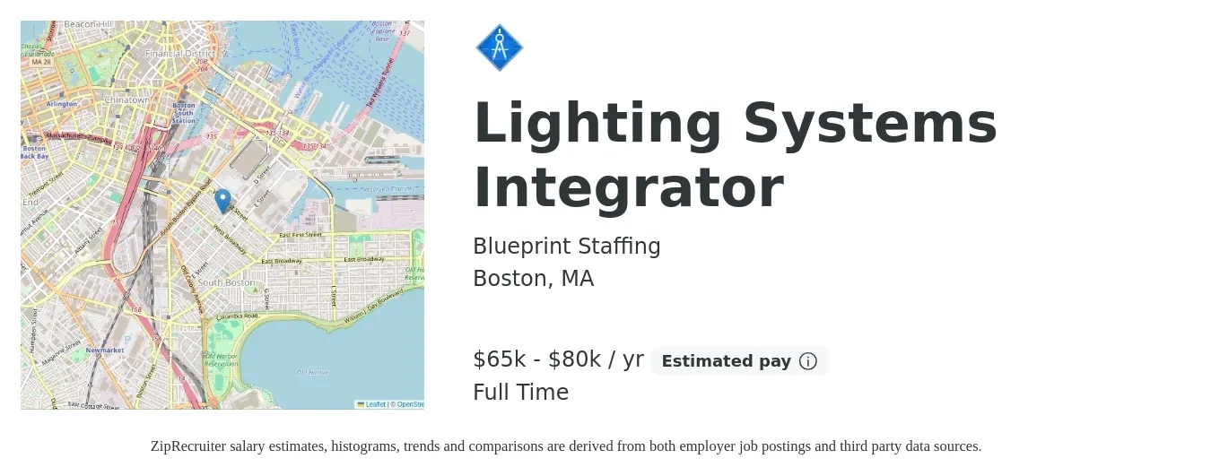Blueprint Staffing job posting for a Lighting Systems Integrator in Boston, MA with a salary of $65,000 to $80,000 Yearly with a map of Boston location.