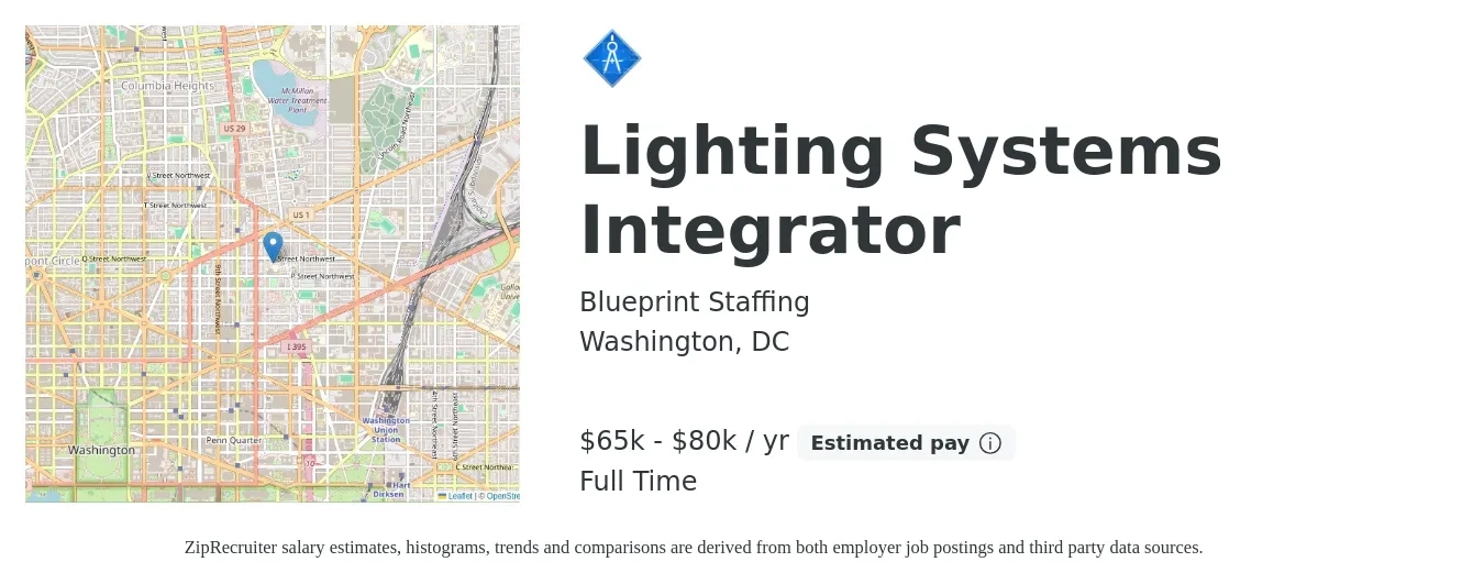 Blueprint Staffing job posting for a Lighting Systems Integrator in Washington, DC with a salary of $65,000 to $80,000 Yearly with a map of Washington location.