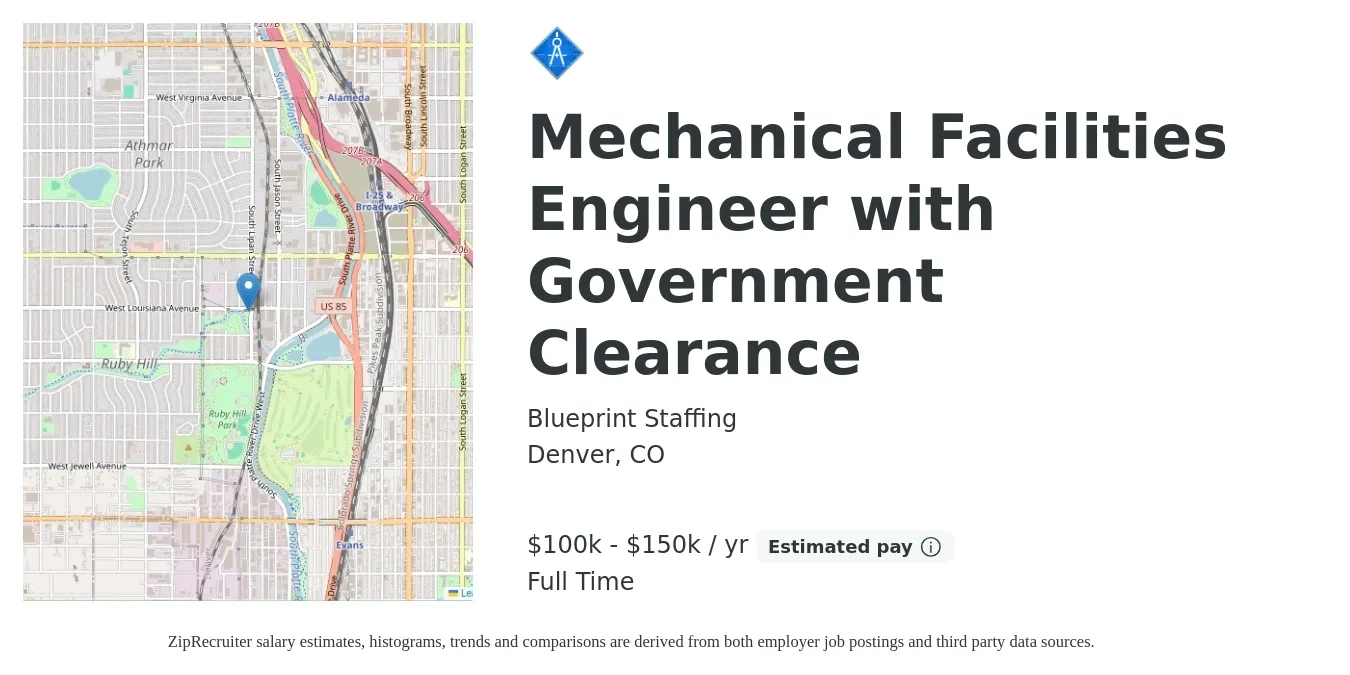 Blueprint Staffing job posting for a Mechanical Facilities Engineer with Government Clearance in Denver, CO with a salary of $100,000 to $150,000 Yearly with a map of Denver location.