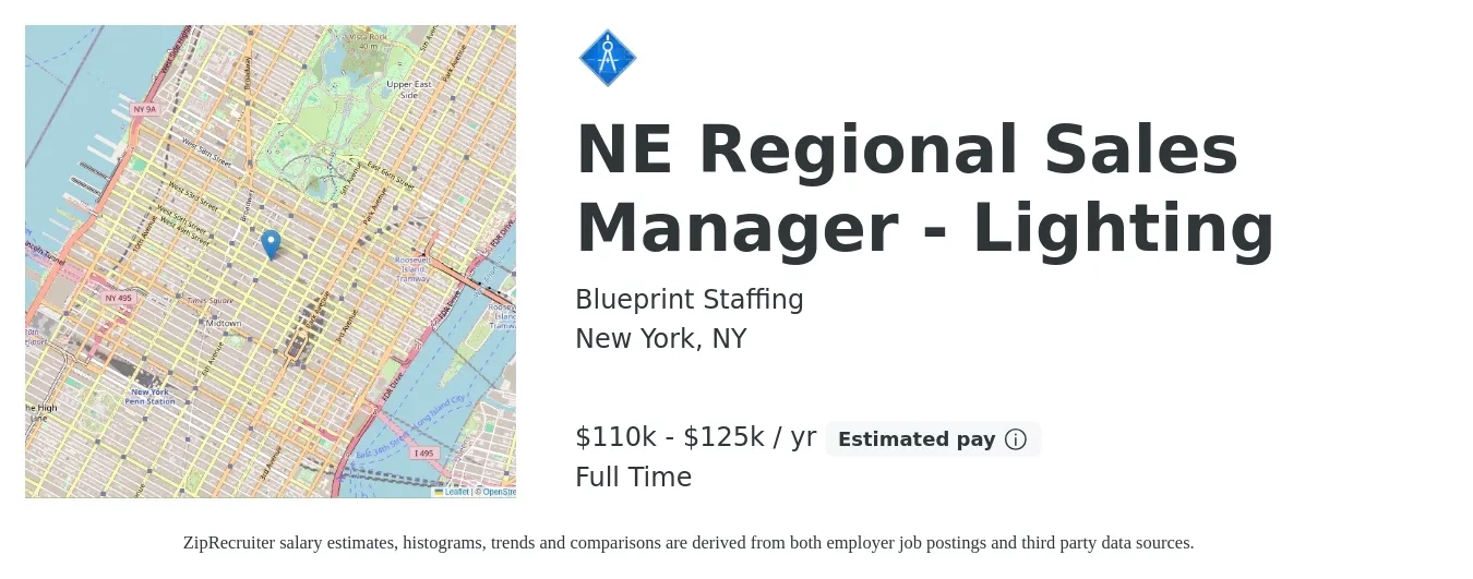 Blueprint Staffing job posting for a NE Regional Sales Manager - Lighting in New York, NY with a salary of $110,000 to $125,000 Yearly with a map of New York location.