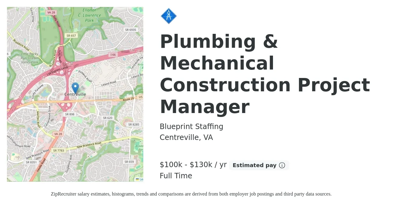 Blueprint Staffing job posting for a Plumbing & Mechanical Construction Project Manager in Centreville, VA with a salary of $100,000 to $130,000 Yearly with a map of Centreville location.