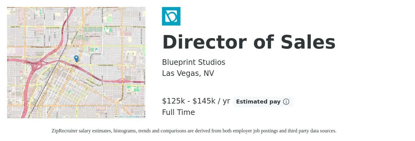 Blueprint Studios job posting for a Director of Sales in Las Vegas, NV with a salary of $125,000 to $145,000 Yearly with a map of Las Vegas location.