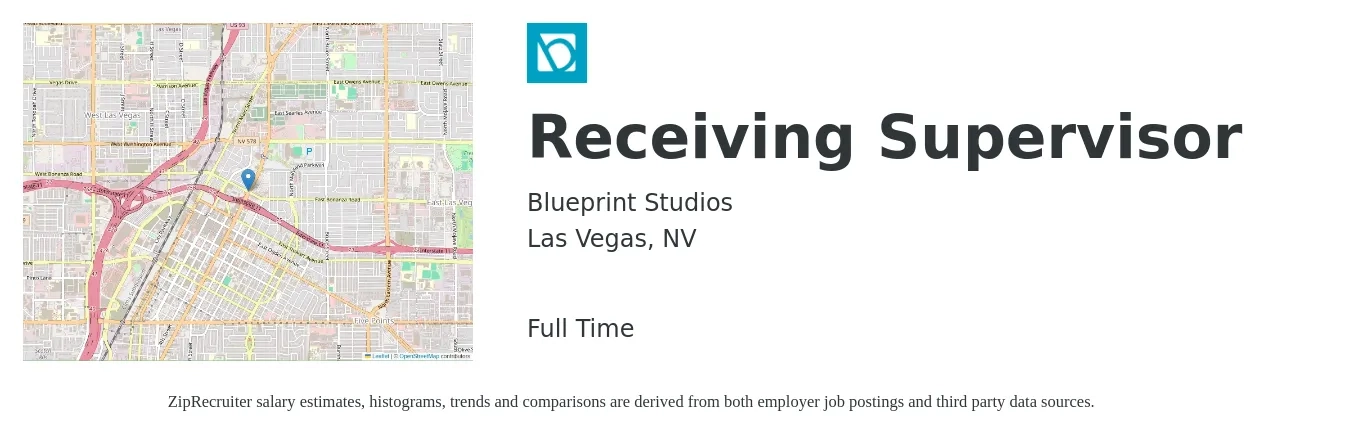 Blueprint Studios job posting for a Receiving Supervisor in Las Vegas, NV with a salary of $19 to $27 Hourly with a map of Las Vegas location.