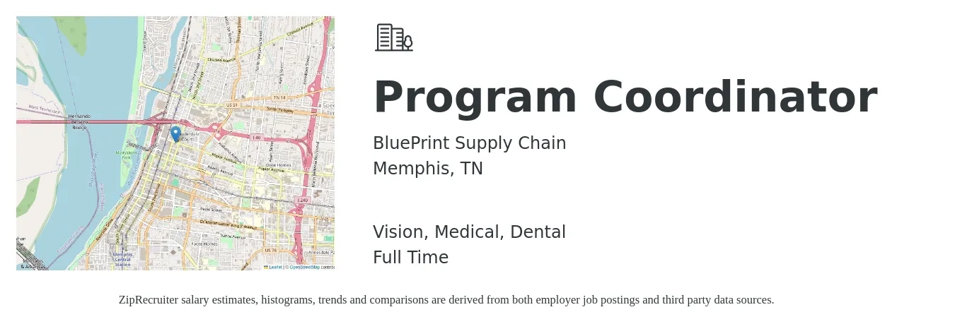 BluePrint Supply Chain job posting for a Program Coordinator in Memphis, TN with a salary of $40,800 to $60,200 Yearly and benefits including vision, dental, life_insurance, medical, and retirement with a map of Memphis location.