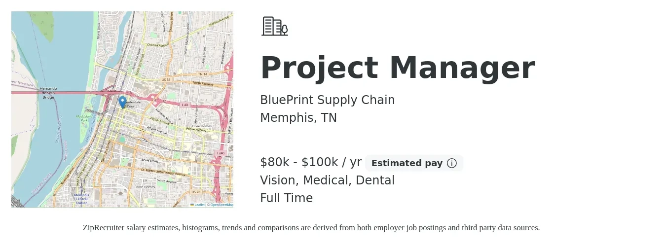 BluePrint Supply Chain job posting for a Project Manager in Memphis, TN with a salary of $80,000 to $100,000 Yearly and benefits including retirement, vision, dental, life_insurance, and medical with a map of Memphis location.