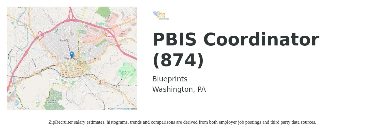 Blueprints job posting for a PBIS Coordinator (874) in Washington, PA with a salary of $12 to $18 Hourly with a map of Washington location.