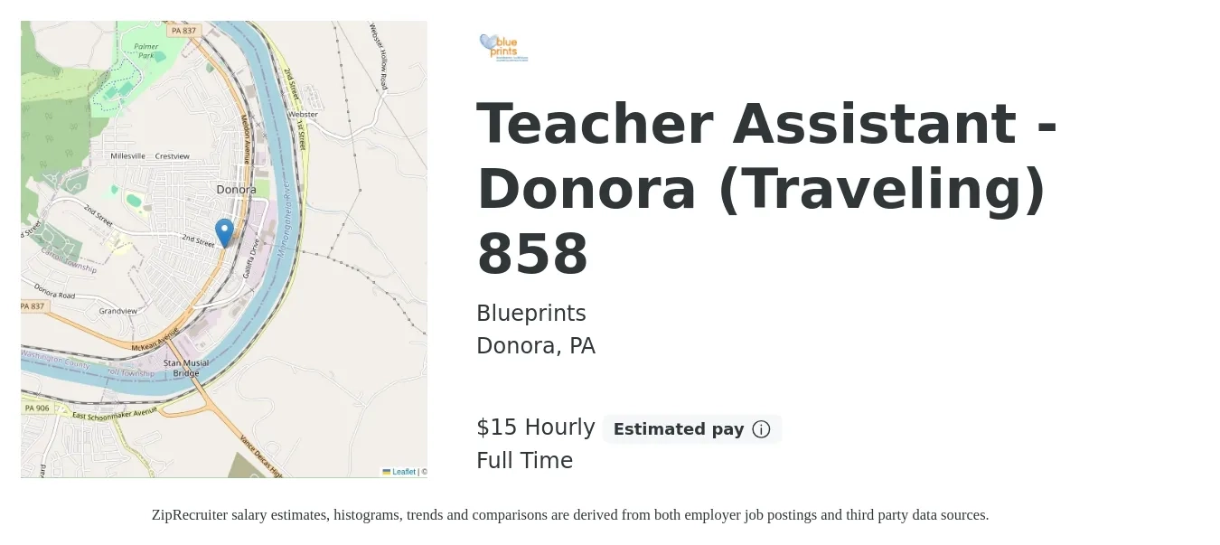 Blueprints job posting for a Teacher Assistant - Donora (Traveling) 858 in Donora, PA with a salary of $14 to $23 Hourly with a map of Donora location.