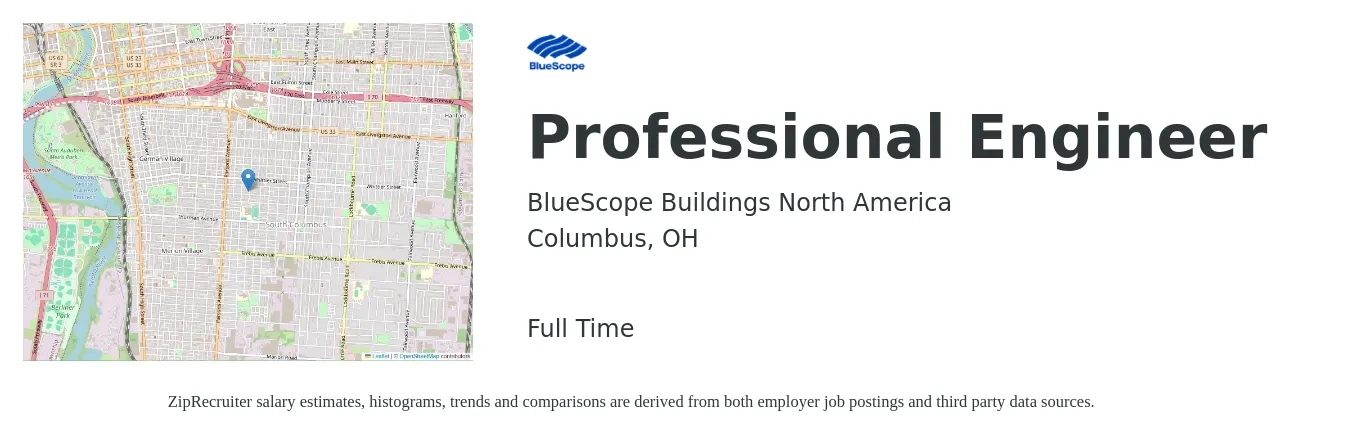 BlueScope Buildings North America job posting for a Professional Engineer in Columbus, OH with a salary of $79,700 to $106,200 Yearly with a map of Columbus location.