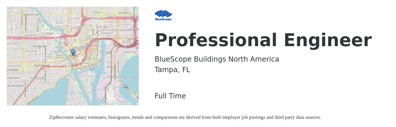 BlueScope Buildings North America job posting for a Professional Engineer in Tampa, FL with a salary of $78,000 to $104,000 Yearly with a map of Tampa location.