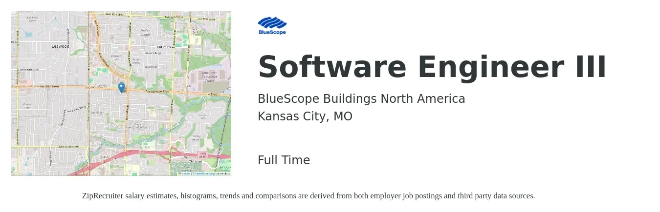 BlueScope Buildings North America job posting for a Software Engineer III in Kansas City, MO with a salary of $56 to $76 Hourly with a map of Kansas City location.