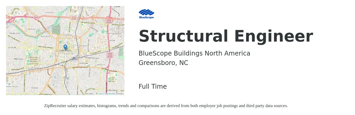 BlueScope Buildings North America job posting for a Structural Engineer in Greensboro, NC with a salary of $77,500 to $109,500 Yearly with a map of Greensboro location.