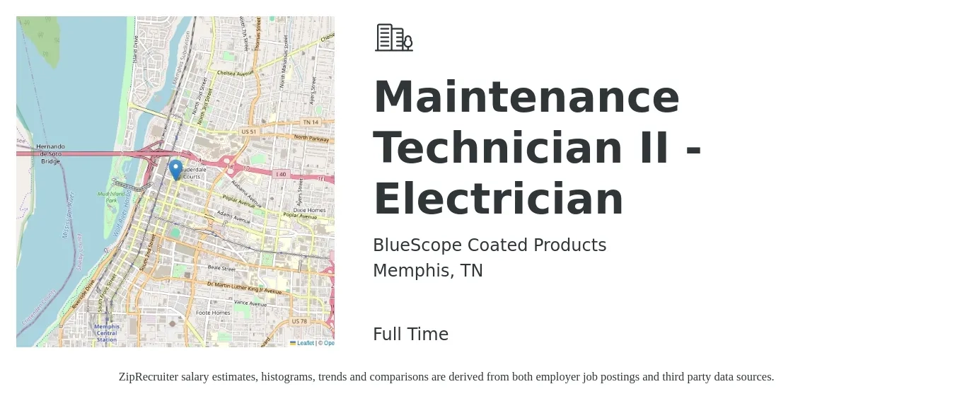 BlueScope Coated Products job posting for a Maintenance Technician II - Electrician in Memphis, TN with a salary of $26 to $34 Hourly with a map of Memphis location.