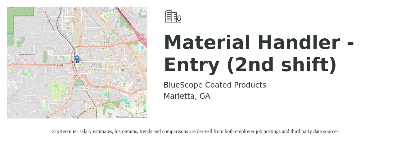 BlueScope Coated Products job posting for a Material Handler - Entry (2nd shift) in Marietta, GA with a salary of $16 to $19 Hourly with a map of Marietta location.