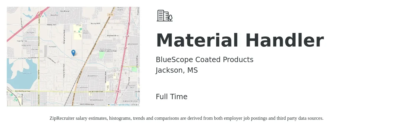 BlueScope Coated Products job posting for a Material Handler in Jackson, MS with a salary of $16 Hourly with a map of Jackson location.