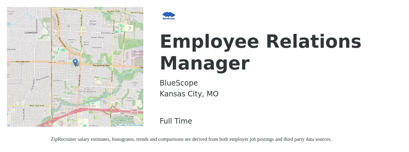 BlueScope job posting for a Employee Relations Manager in Kansas City, MO with a salary of $66,400 to $113,200 Yearly with a map of Kansas City location.