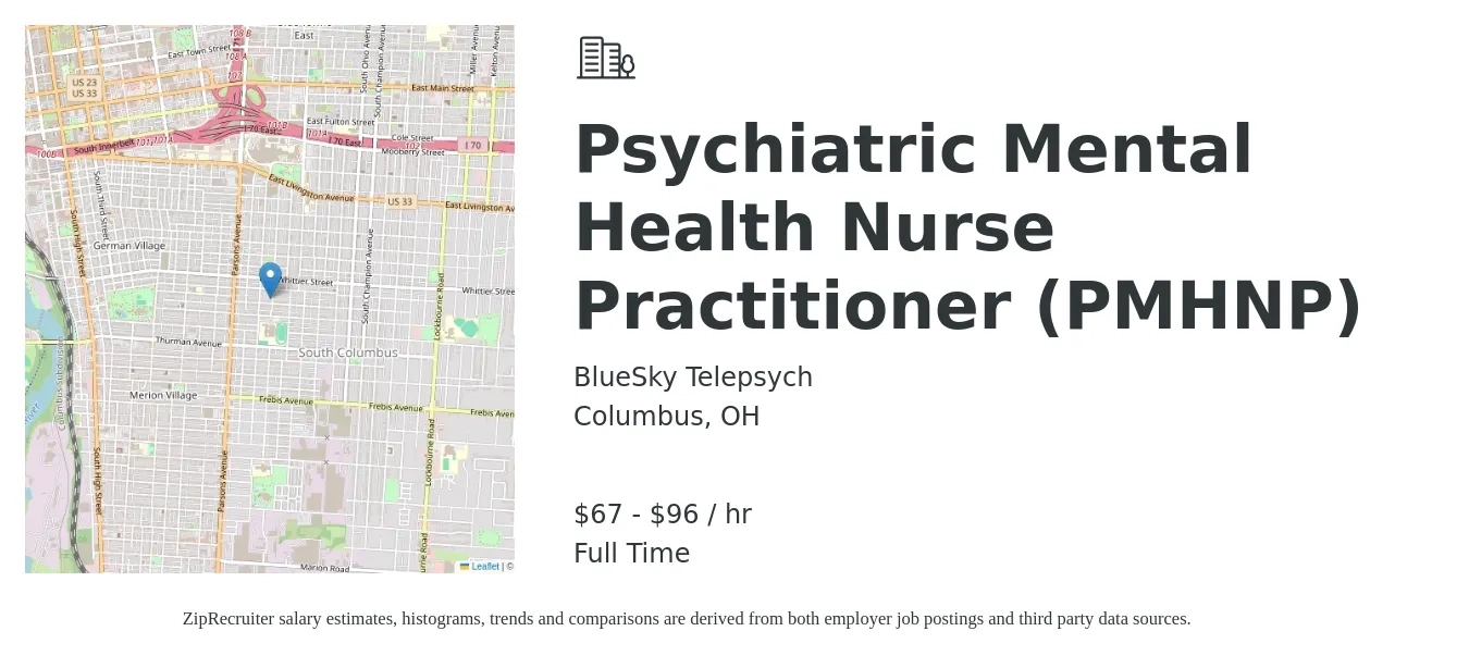 BlueSky Telepsych job posting for a Psychiatric Mental Health Nurse Practitioner (PMHNP) in Columbus, OH with a salary of $70 to $100 Hourly with a map of Columbus location.