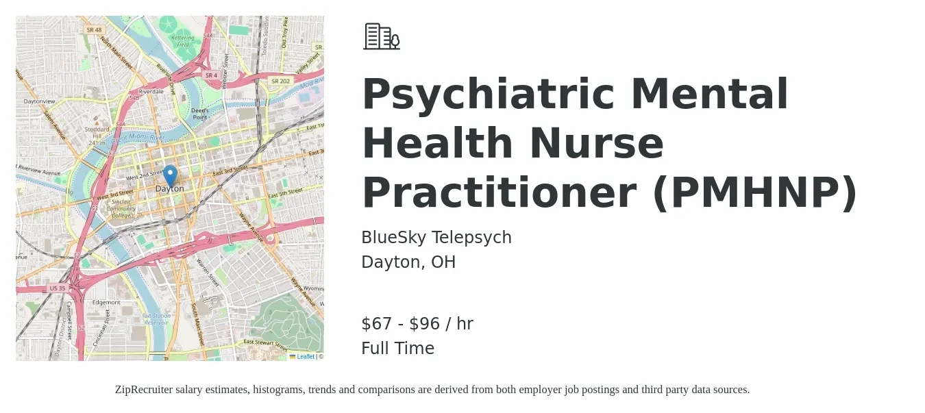 BlueSky Telepsych job posting for a Psychiatric Mental Health Nurse Practitioner (PMHNP) in Dayton, OH with a salary of $70 to $100 Hourly with a map of Dayton location.