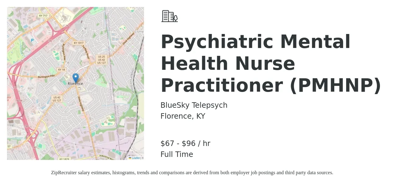 BlueSky Telepsych job posting for a Psychiatric Mental Health Nurse Practitioner (PMHNP) in Florence, KY with a salary of $70 to $100 Hourly with a map of Florence location.