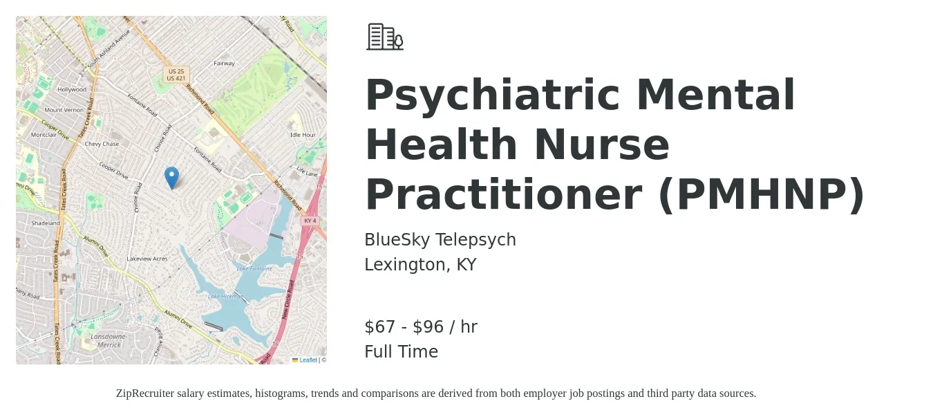 BlueSky Telepsych job posting for a Psychiatric Mental Health Nurse Practitioner (PMHNP) in Lexington, KY with a salary of $70 to $100 Hourly with a map of Lexington location.