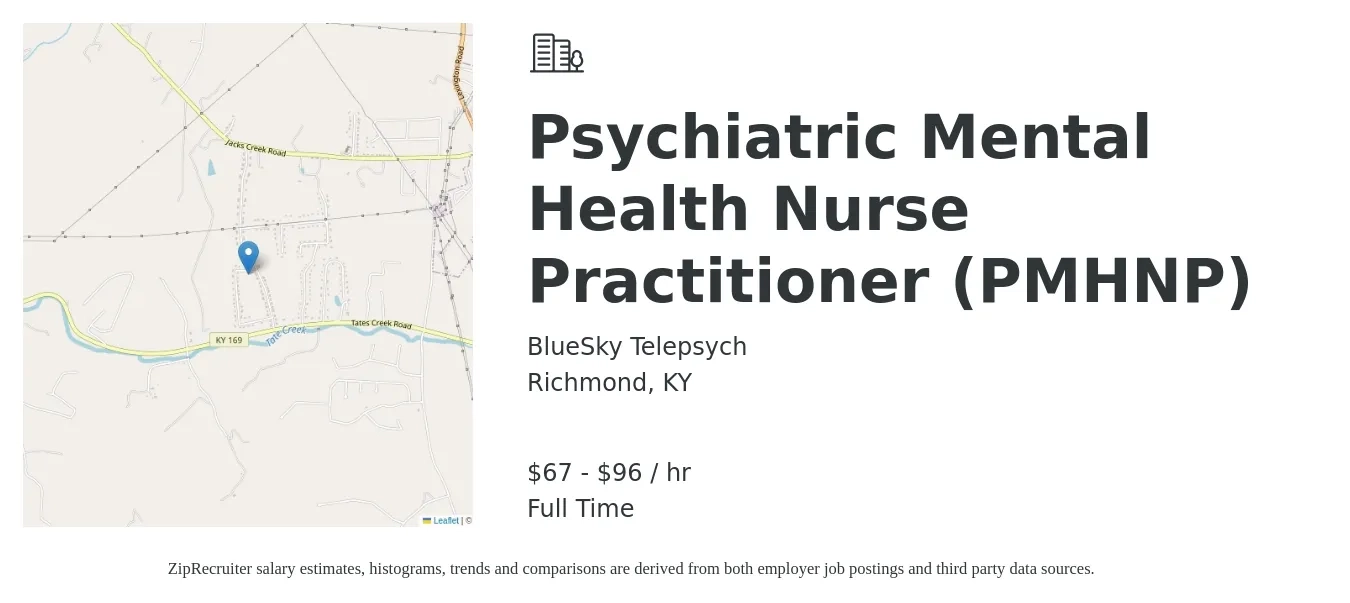 BlueSky Telepsych job posting for a Psychiatric Mental Health Nurse Practitioner (PMHNP) in Richmond, KY with a salary of $70 to $100 Hourly with a map of Richmond location.