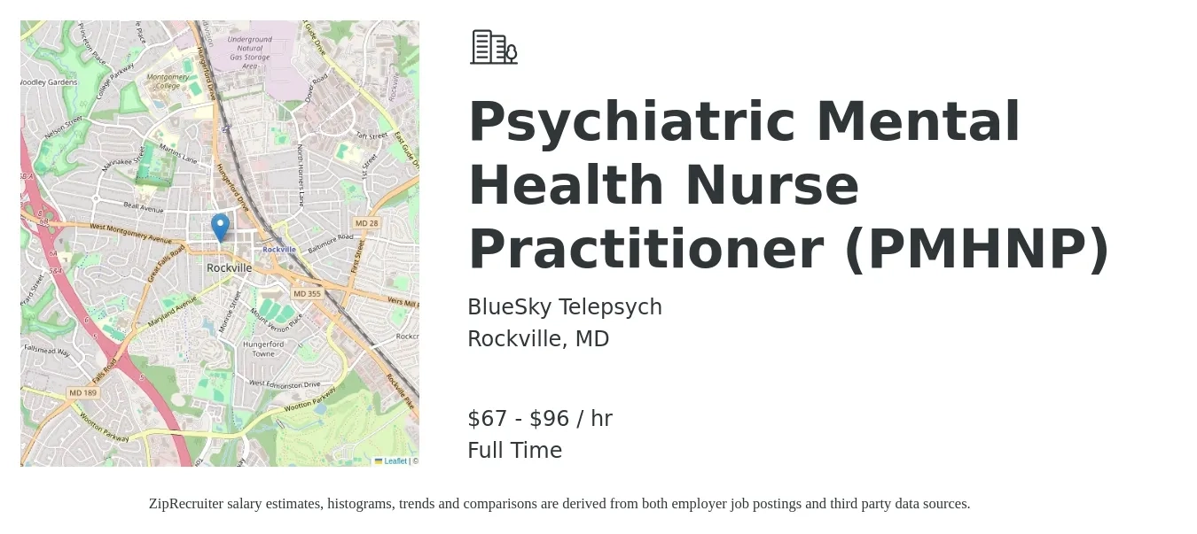 BlueSky Telepsych job posting for a Psychiatric Mental Health Nurse Practitioner (PMHNP) in Rockville, MD with a salary of $70 to $100 Hourly with a map of Rockville location.