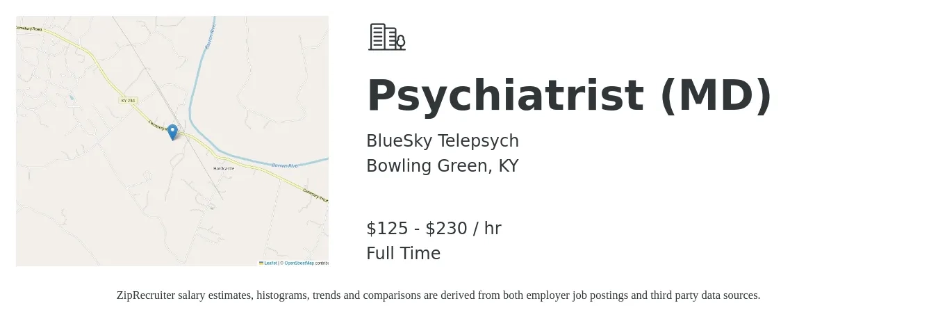 BlueSky Telepsych job posting for a Psychiatrist (MD) in Bowling Green, KY with a salary of $130 to $240 Hourly with a map of Bowling Green location.