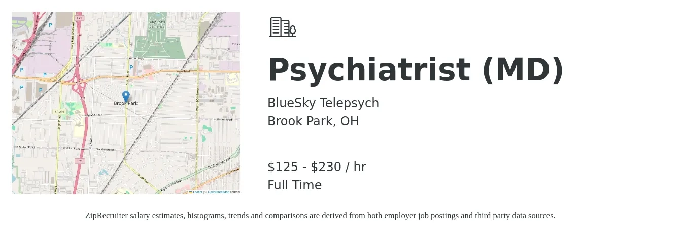 BlueSky Telepsych job posting for a Psychiatrist (MD) in Brook Park, OH with a salary of $130 to $240 Hourly with a map of Brook Park location.