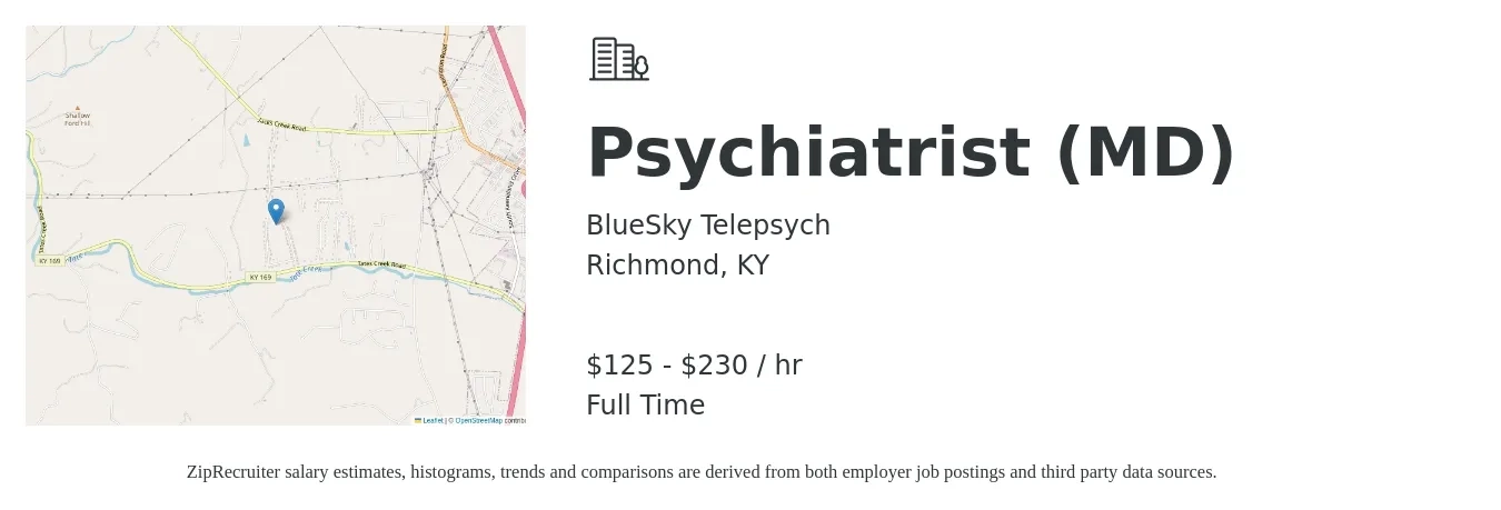 BlueSky Telepsych job posting for a Psychiatrist (MD) in Richmond, KY with a salary of $130 to $240 Hourly with a map of Richmond location.